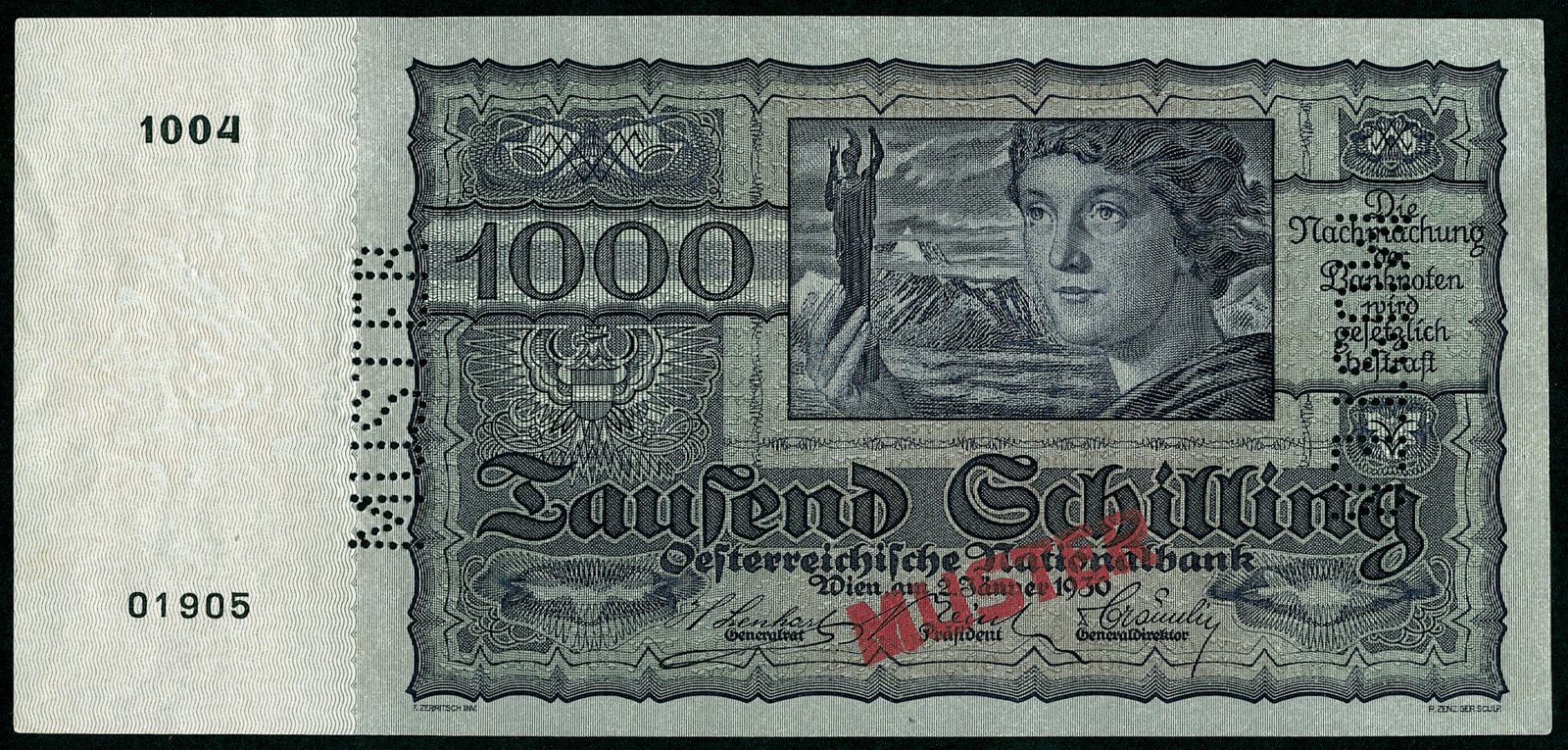 Аверс банкноты 1000 Австрийских шиллингов 1930 года