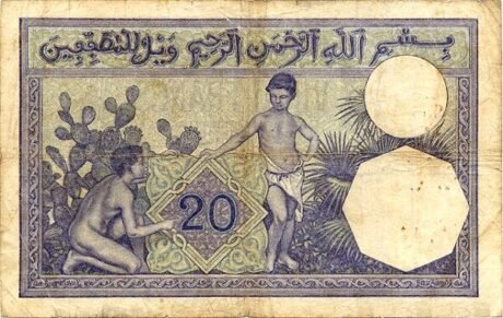 Реверс банкноты 20 франков Алжир 1914 года