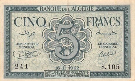 Аверс банкноты 5 франков Алжир 1942 года