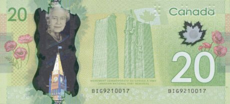 Затверджено нову 20-доларову полімерну банкноту Канади (B373a)