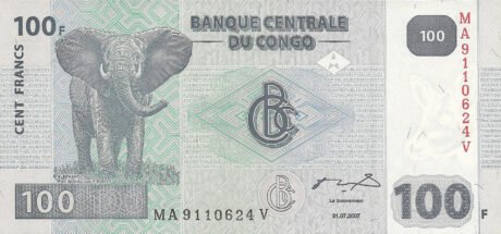 Затверджено нову банкноту Демократичної Республіки Конго номіналом 100 франків (B320a)