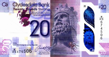 Затверджено нову полімерну банкноту Шотландії Clydesdale Bank номіналом 20 фунтів (B1181a)