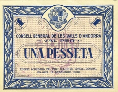 Аверс банкноты 1 Андоррская песета 1936 года