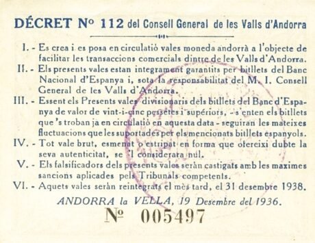 Реверс банкноты 1 Андоррская песета 1936 года