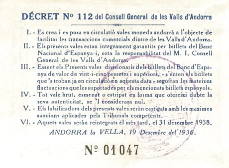 Реверс банкноты 2 Андоррских песета 1936 года