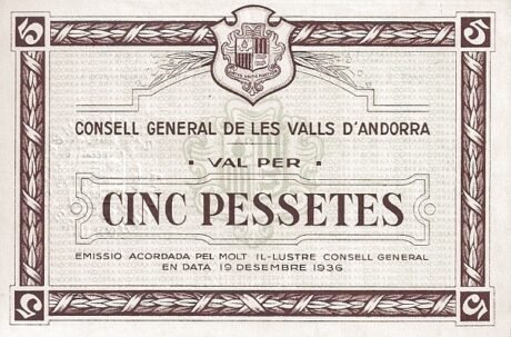 Аверс банкноты 5 Андоррских песета 1936 года (2-й выпуск)