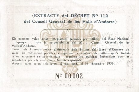 Реверс банкноты 5 Андоррских песета 1936 года (2-й выпуск)