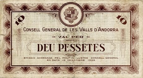 Аверс банкноты 10 Андоррских песета 1936 года (2-й выпуск)