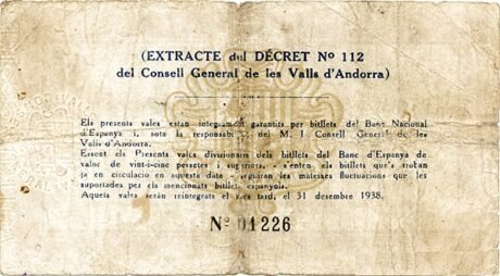 Реверс банкноты 10 Андоррских песета 1936 года (2-й выпуск)