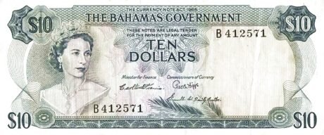 Аверс банкноты 10 долларов (Багамские Острова) 1965 года