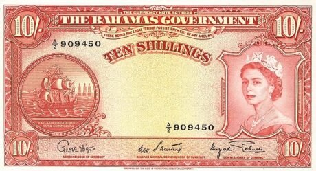 Аверс банкноты 10 шиллингов (Багамские Острова) 1953 года