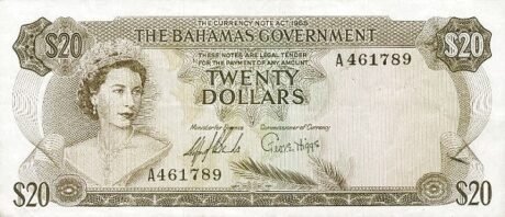 Аверс банкноты 20 долларов (Багамские Острова) 1965 года