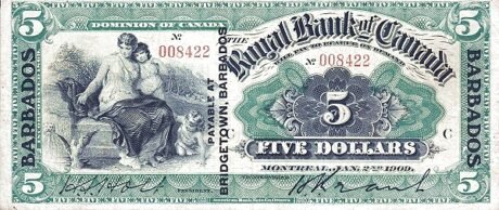 Аверс банкноты 5 долларов (Барбадос) 1909 года