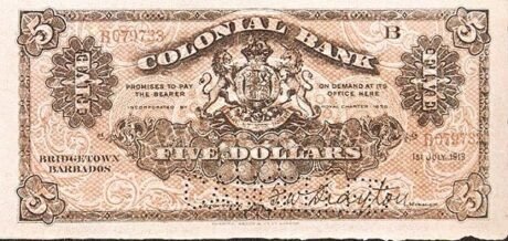 Аверс банкноты 5 dolarów (Barbados) 1918