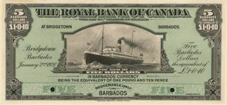 Аверс банкноты 5 dolarów / 1 funt 10 pensów (Barbados) 1920