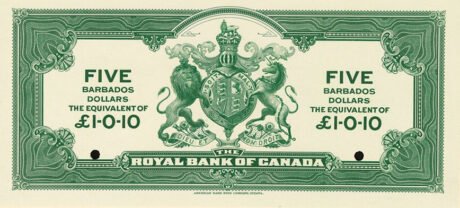 Реверс банкноты 5 dolarów / 1 funt 10 pensów (Barbados) 1920