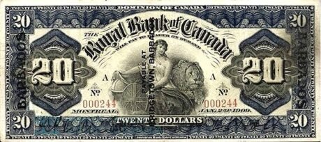 Аверс банкноты 20 долларов (Барбадос) 1909 года