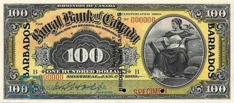 Аверс банкноты 100 долларов (Барбадос) 1909 года