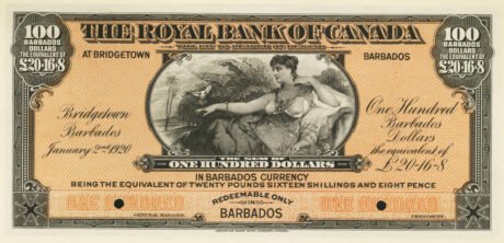 Аверс банкноты 100 dolarów / 20 funtów 16 szylingów 8 pensów (Barbados) 1920
