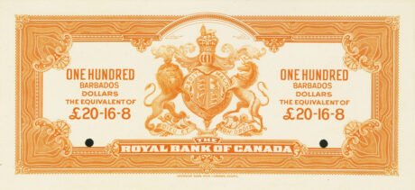 Реверс банкноты 100 dolarów / 20 funtów 16 szylingów 8 pensów (Barbados) 1920