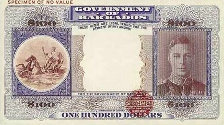 Аверс банкноты 100 долларов - Георг VI (Барбадос) 1943 года