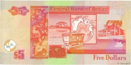 Реверс банкноты 5 долларов - Елизавета II (Белиз) 1999 года