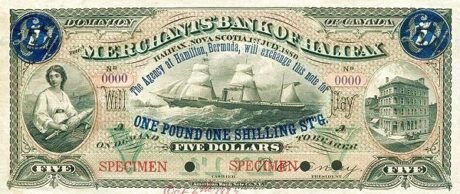 Аверс банкноты 1 фунт 1 шиллинг на 5 долларах The Merchant Bank of Halifax (Бермудские острова) 1880 года