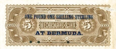 Реверс банкноты 1 фунт 1 шиллинг на 5 долларах The Merchant Bank of Halifax (Бермудские острова) 1880 года