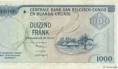 Rewers banknotu 1000 franków Baudouina (Kongo Belgijskie) 1958