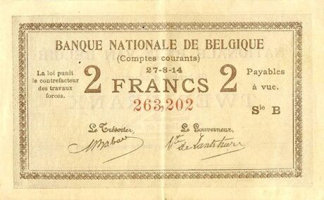 Аверс банкноты 2 франка Comptes courants (Бельгия) 1914 года