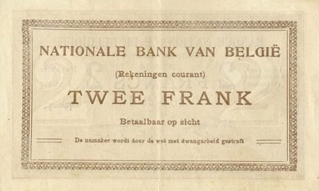 Реверс банкноты 2 франка Comptes courants (Бельгия) 1914 года