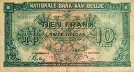Аверс банкноты 10 франков (Бельгия) 1943 года