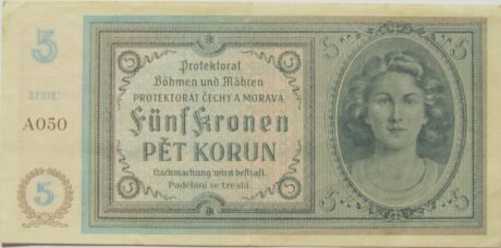 Аверс банкноты 5 koron (Czechy i Morawy) 1940