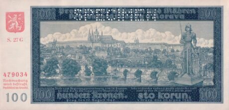Аверс банкноты 100 koron, emisja II (Czechy i Morawy) 1940