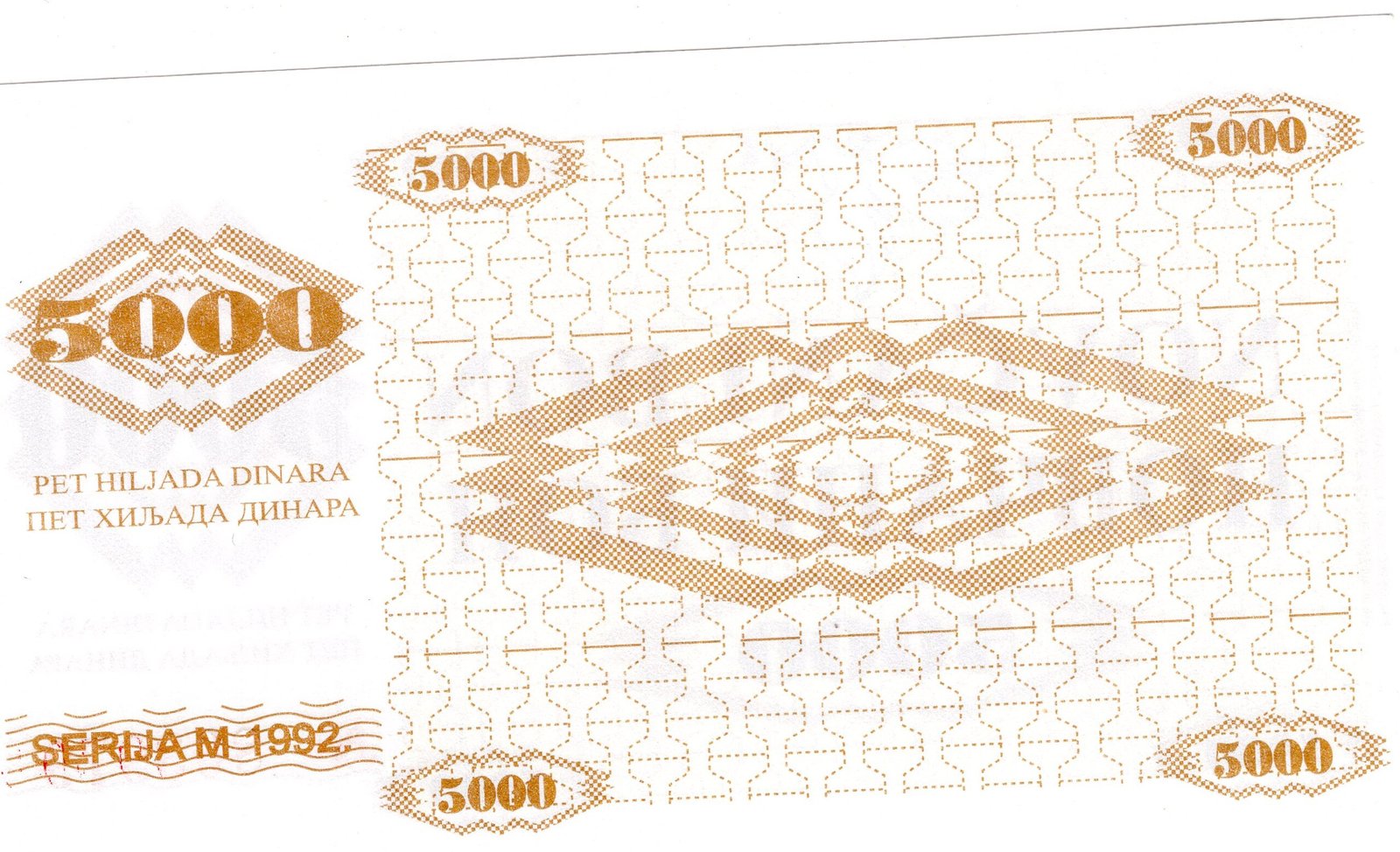 Реверс банкноты 5000 динаров (Босния и Герцеговина) 1992 года