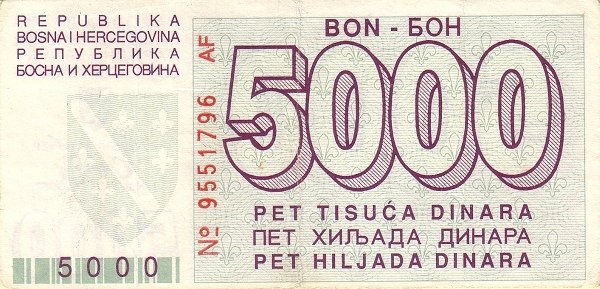 Реверс банкноты 5000 динаров (Босния и Герцеговина) 1992 года