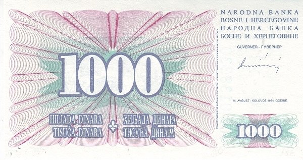 Аверс банкноты 1000 динаров (Босния и Герцеговина) 1994 года