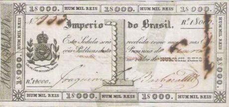 Аверс банкноты 1 мильрейс Тесуро Насиональ; Медный обменный вексель (Бразилия) 1833 года