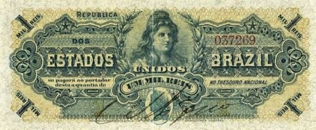 Аверс банкноты 1 milreis Tesuro Nacional (Brazylia) 1902