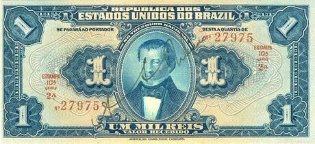 Аверс банкноты 1 мильрейс Тесуро Насиональ (Бразилия) 1919 года