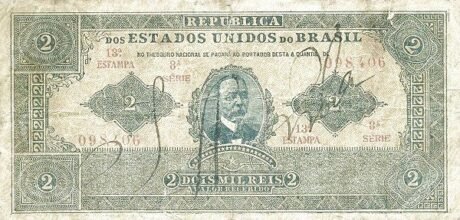 Аверс банкноты 2 мильрейс Национального казначейства (Бразилия) 1921 года