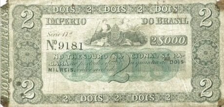 Аверс банкноты 2 мильрейс Thesouro Nacional (Бразилия) 1866 года