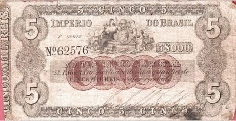 Аверс банкноты 5 мильрейс Thesouro Nacional (Бразилия) 1866 года