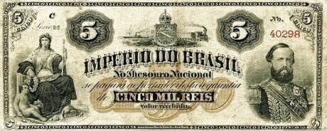 Аверс банкноты 5 мильрейс Thesouro Nacional (Бразилия) 1869 года