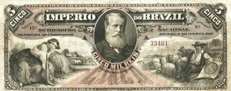 Аверс банкноты 5 мильрейс Thesouro Nacional (Бразилия) 1882 года