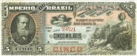 Аверс банкноты 5 мильрейс Thesouro Nacional (Бразилия) 1888 года
