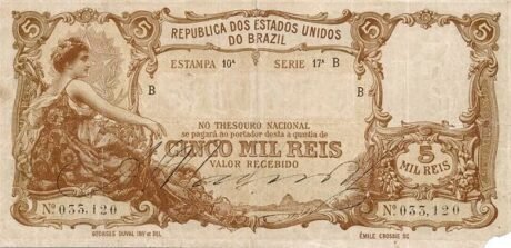 Аверс банкноты 5 мильрейс Thesouro Nacional (Бразилия) 1903 года