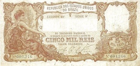 Аверс банкноты 5 мильрейс Thesouro Nacional (Бразилия) 1908 года