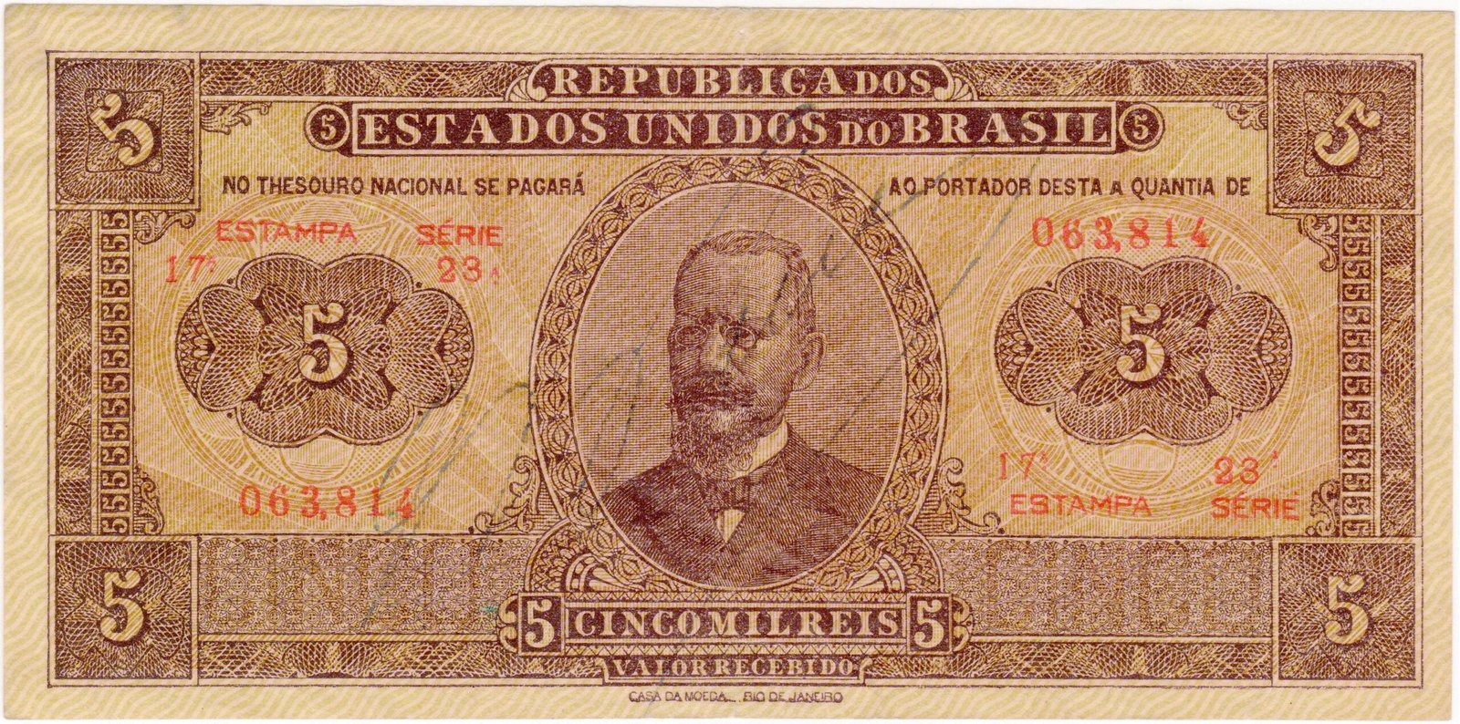Аверс банкноты 5 мильрейс Thesouro Nacional (Бразилия) 1922 года