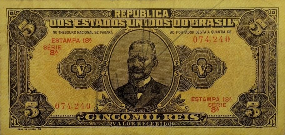 Аверс банкноты 5 мильрейс Thesouro Nacional (Бразилия) 1923 года